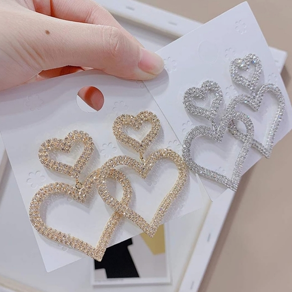 Rhinestone Heart Drop Earrings Statement Earrings Gold or Silver - Picture 7 of 13